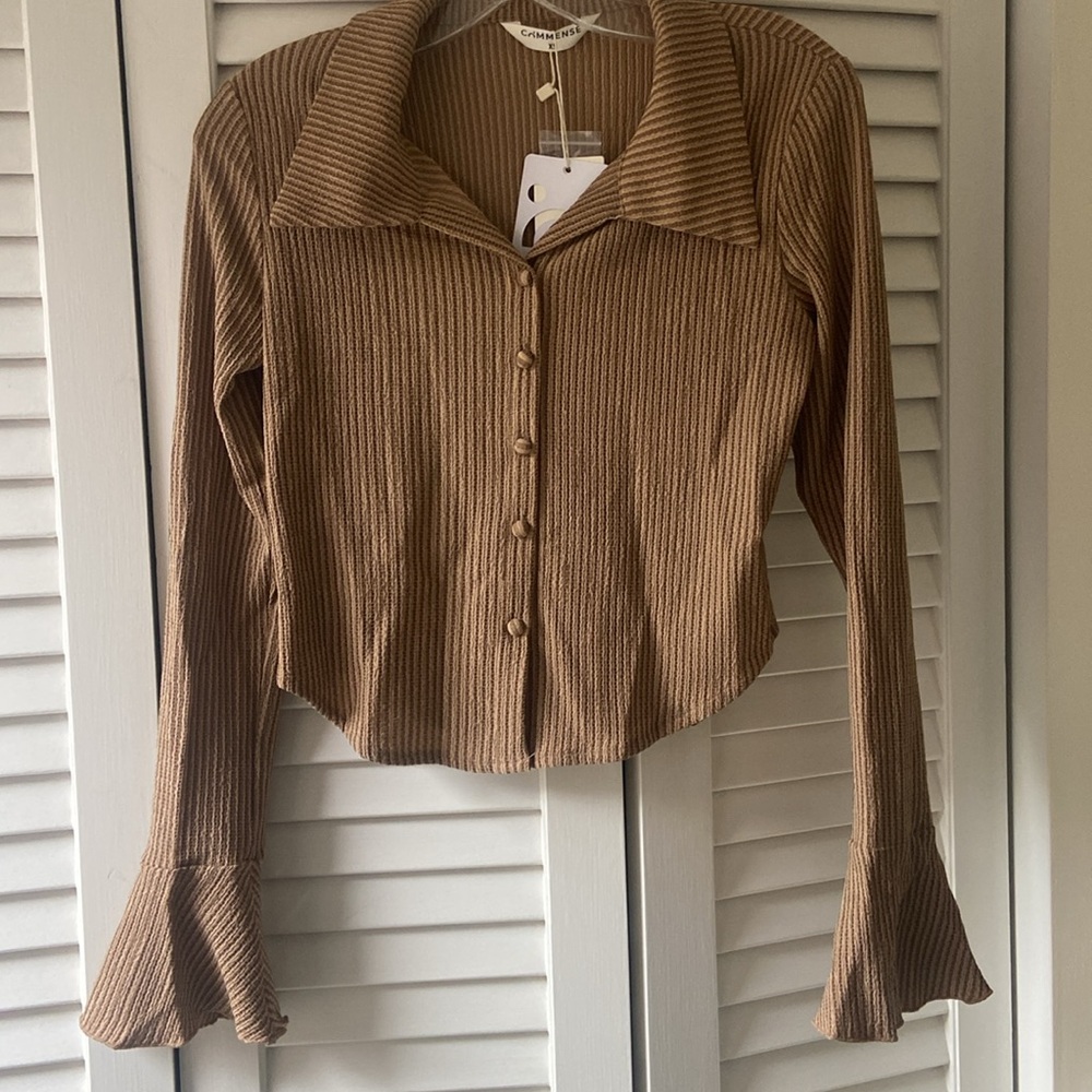 Commense Ribbed Button-Front Long Sleeve Blouse in Brown - Picture 2 of 5
